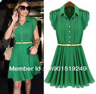 Wholesale Hot Women Celebrity Simple Style Short Knee-length Casual Chiffon Dress Gold Button with Belt