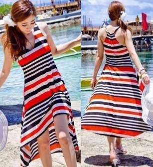 Wholesale ice silk material striped beach dress/ holiday skirt/ beachwear