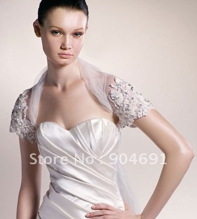 Wholesale Instock Custom Short Sleeves Jeweled White Lace Wedding Dress Accessories - Applique Beaded Bridal Bolero Jacket J9