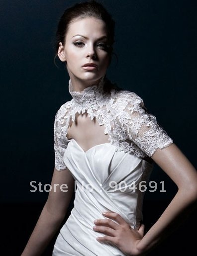 Wholesale Instock Custom Short Sleeves White Lace Wedding Dress Accessories - Choker Neck Lace Bridal Dress Bolero Jacket J22