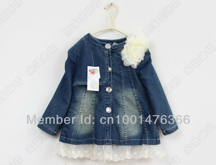 Wholesale -Lace denim jacket for children girls Winter Warm lace Jeans outerwear coat for baby girls