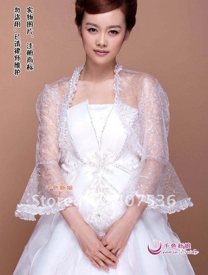 Wholesale Lace spring/summer Flare  Organza Bridal gown Wraps/ Bridal jacket, white,my232
