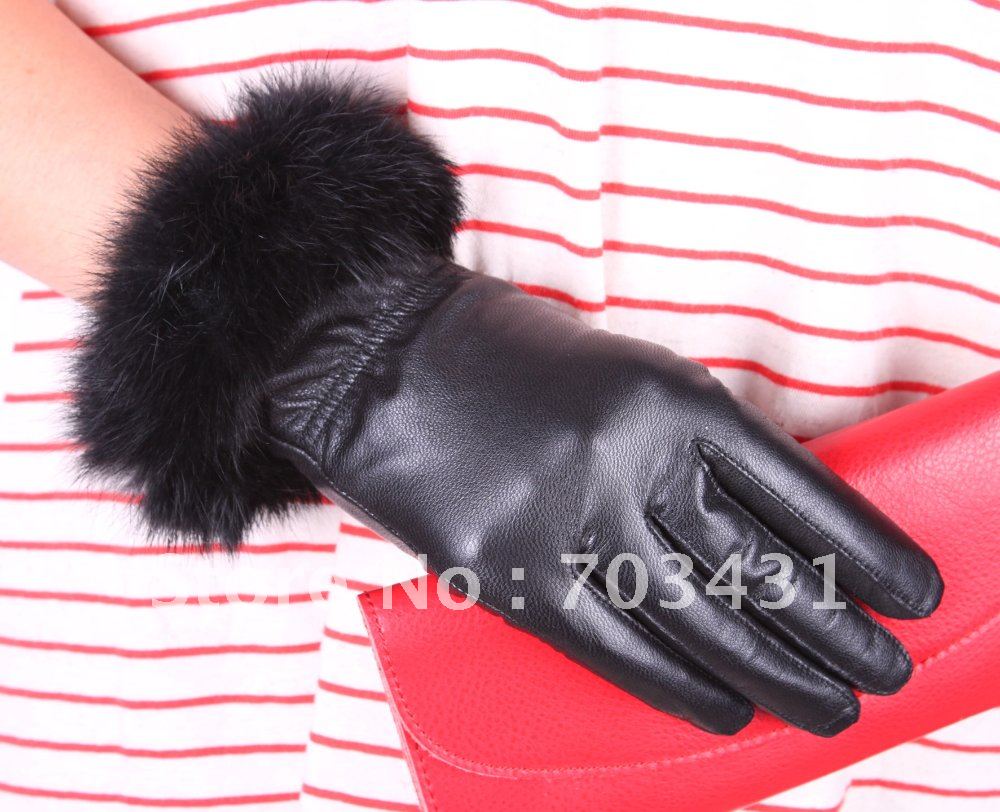 Wholesale lady's genuine sheep leather glove,black rabbit fur burr glove,fashion manicure gloves,Moq=1,free shipping,ID:F149