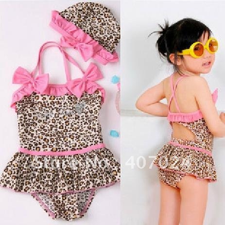 Wholesale Leopard baby Swimwear kid Swimsuit Girl Bikini  Swimwear + swim cap Summer Children Clothing Costume 730013