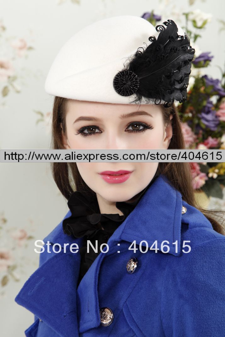 Wholesale & mixed order colors, ladies winter fashion 100% wool felt feather party top beret caps