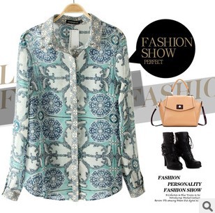 Wholesale(Mixed Order) Free Shipping Women's Long Sleeve Lapel Collar Print Chiffon Blouse with Rivet YC-212275-Q08