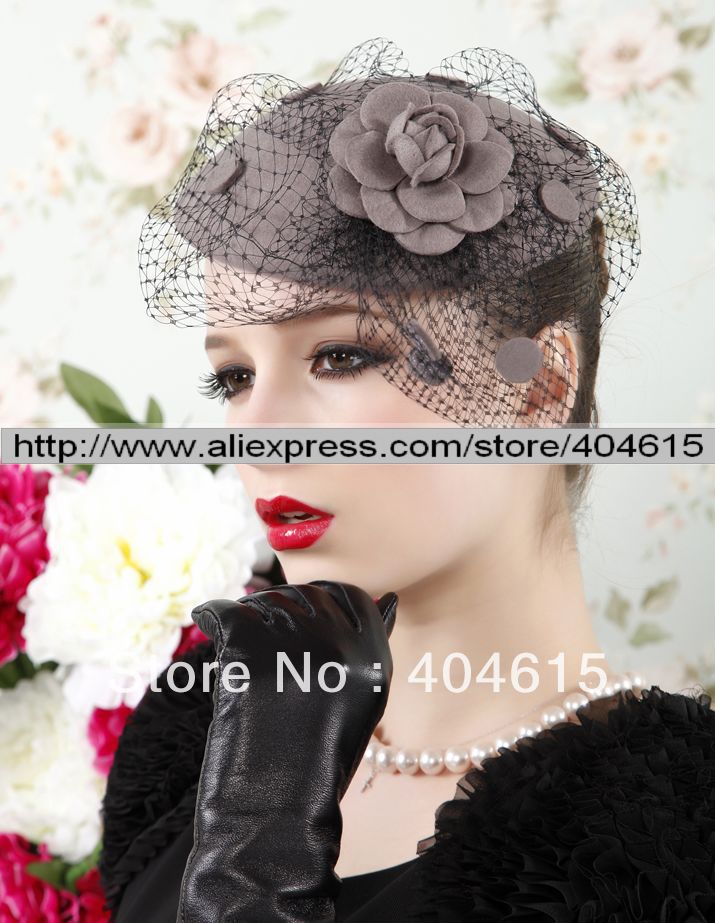 wholesale & mixed order,ladies winter fashion 100% wool felt party mesh flower  top hats