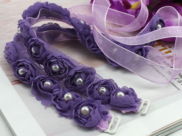 wholesale multicolor chiffon rose pearl lace bra tape/fashion underwear shoulder strap/ free shipping