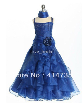 Wholesale Navy Blue Spaghetti Straps Beaded Flower Ruffle A-line Flower Girl Dresses First Communion Gowns