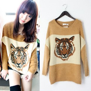 Wholesale New arrival Free Shipping Fashion Lovely Mohair Tiger Pattern Sweater Warm Knitted Pullover Sweater Free Size