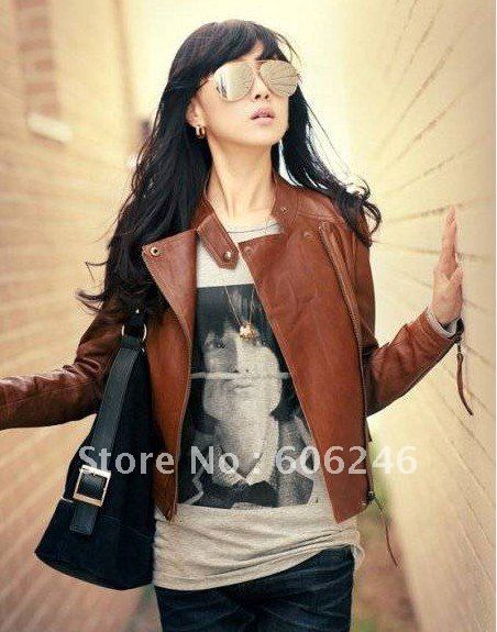 Wholesale New Arrival Free Shipping Ladies Faux Jacket /Fashion Jacket/ Slim Short Leather Jacket /Brown/1Pcs/Lot