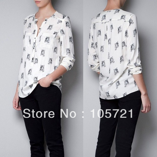 Wholesale*New Casual Ladies Collarless Blouse Long Sleeve Tops SZ S/M/L Tiger Print Shirt CY0461