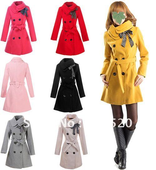 Wholesale New Fashion Womens Slim Trench  Coat Wool Blends Jacket Lady Winter Outwear Double Breasted +Free Shipping