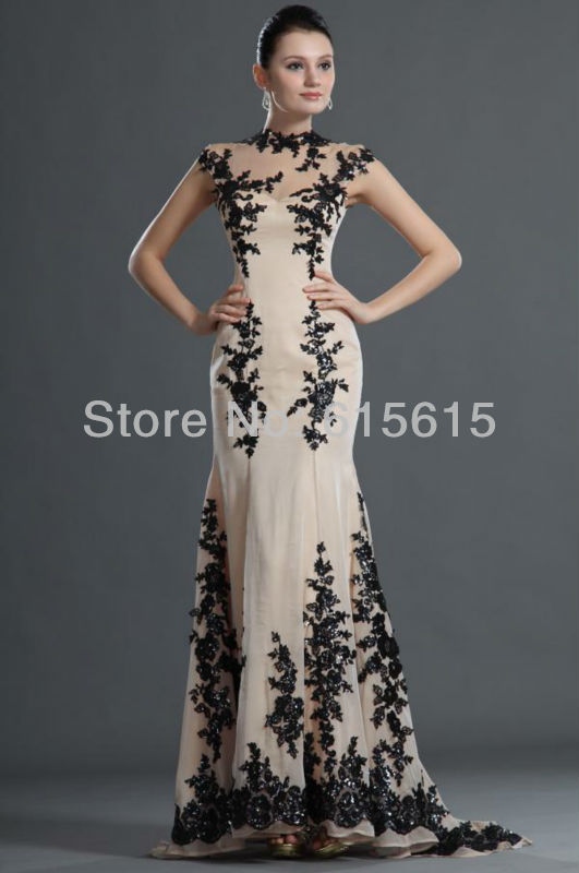 Wholesale- New High Neck Applique with Beadings Organza Evening Dress Evening Gown