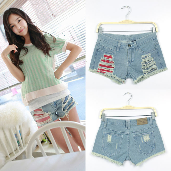 Wholesale New Korean Fashion Light Blue Jeans Women Hole Shorts Denim Frayed Shorts FREE SHIPPING Drop Shipping