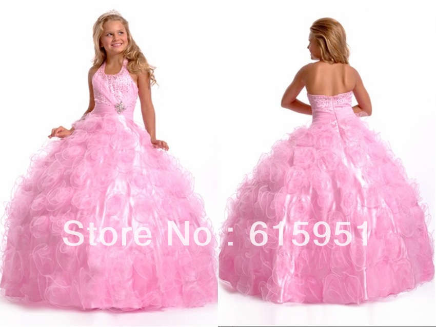 Wholesale ! New long light pink party ball gown flowers halter bead flower girl dresses prom dress pageant dress JY006