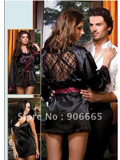 Wholesale - -New Sexy Robe Lingerie Satin+Lace Night Grown Robe+Backless Dress/Underwear Mix order 3pcs