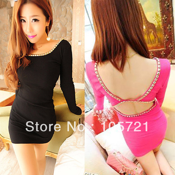Wholesale *New Stylish Womens Beaded Crew Neck Backless Long Sleeve Club Party Mini Dress CY0441