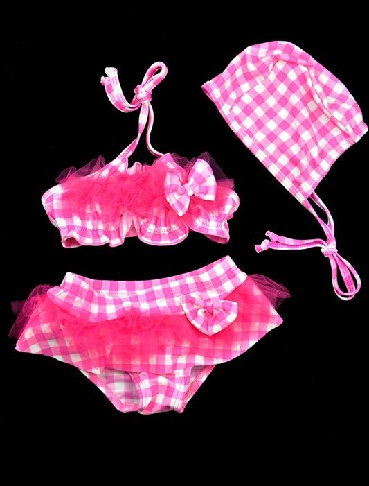 Wholesale pink plaid,yarn network models children swimwear , girl split three-piece beachwear  fashion bikini