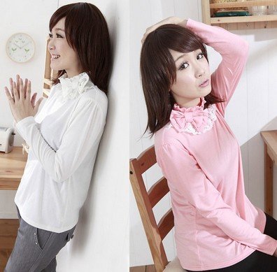 wholesale Pregnant women T-shirt, 2012 new large size lace collar bow blouse winter turtle neck