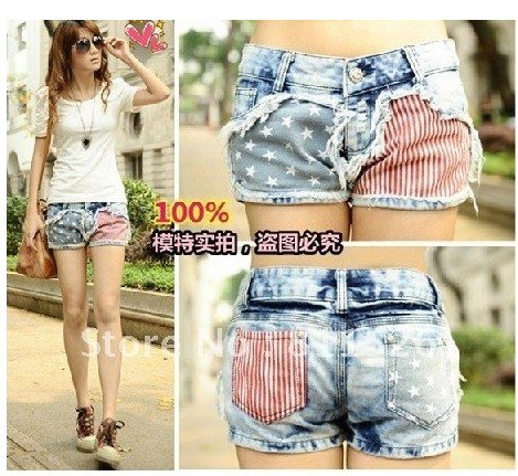 Wholesale Price Fashion Stars Stripes US Flag Classical Summer Denim shorts/hot pants pants Free Shipping