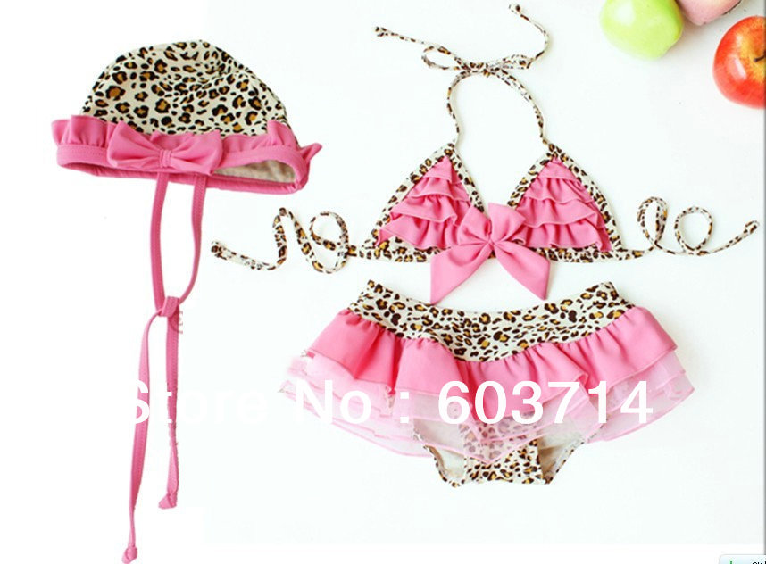 Wholesale  price - Hot Girl Swimsuits Newest Princess Leopard Bikini Swimsuit Girl Bikini + Swim Skirts + Hat 5Sets/Lot