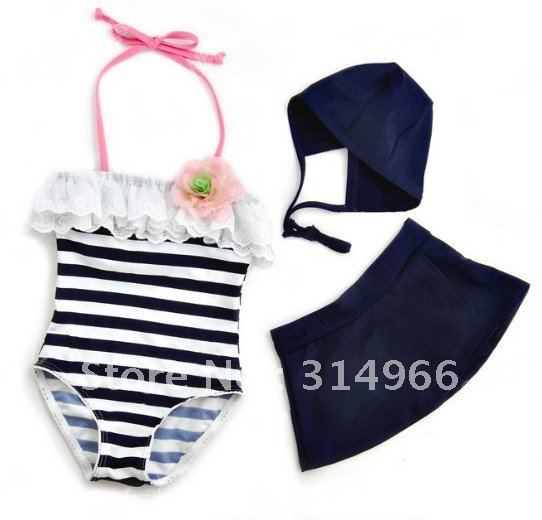 wholesale promotion 2012 new arrive lovely girl`s onepiece swimming suit with flower stripe Swimwear with cap and skirt 4sets
