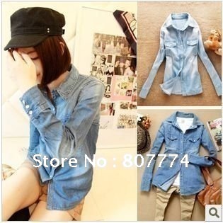 Wholesale Promotion Free shipping Denim blouse Women's Single breasted top denim blue shirt mix order