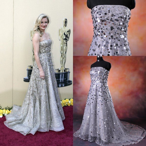 Wholesale Real Image Silver A-Line Strapless Sequin Chapel Train Shiny Celebrity Dresses Evening Dress Prom Gowns Custom Made