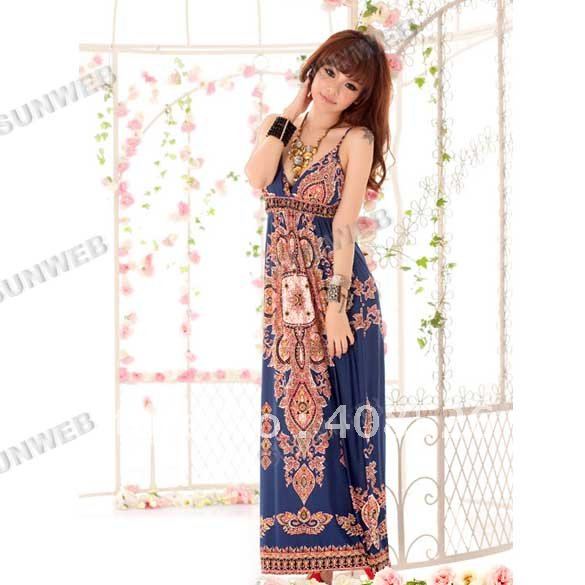 Wholesale & Retail Fashion Bohemian Printed V neck Maxi Dress Beach Summer Long Dress Black, Dark Blue Free Shipping 5510