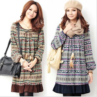 Wholesale/ Retail Free shipping 2012 autumn and winter  New bohemia vintage dress long print sleeve dress/Pregnant dress women