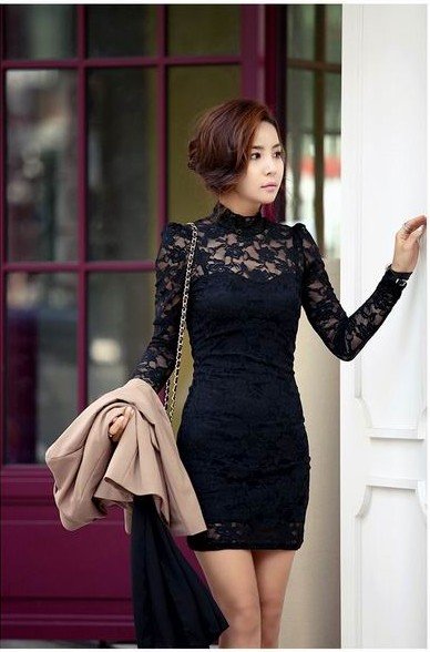 Wholesale/ Retail  Free Shipping 2012 New spring Elegent high collar lace bodycon dress women 2341F