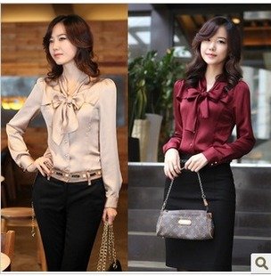 Wholesale/ Retail  Free Shipping 2012 New summer fashion long sleeve round collar bowkot blouse women 3019 Y465