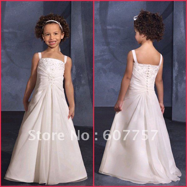 Wholesale Retail Hot Sale Double Straps Ivory White Satin Chiffon Embroidery Beaded Pleat Flower girl Dress  F002