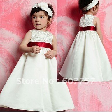 Wholesale Retail Hot Sale Double Straps White Ivory Satin Red Belt Beaded The Flower Girl Dress Childreb's Dress F074
