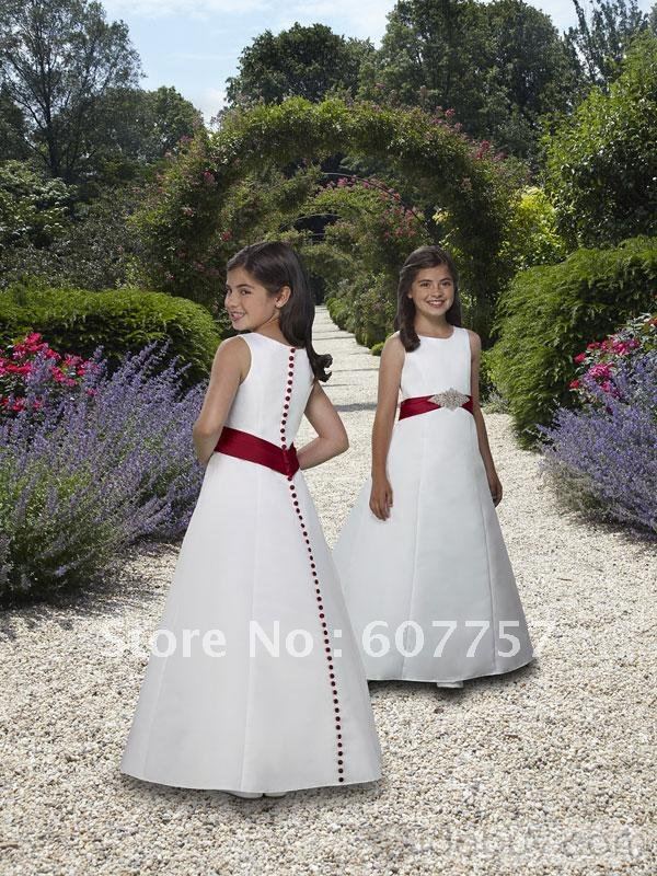 Wholesale Retail Hot Sale Double Straps White Ivory Satin Red Belt Beaded The Flower Girl Dress Flower Childreb's Dress  F054