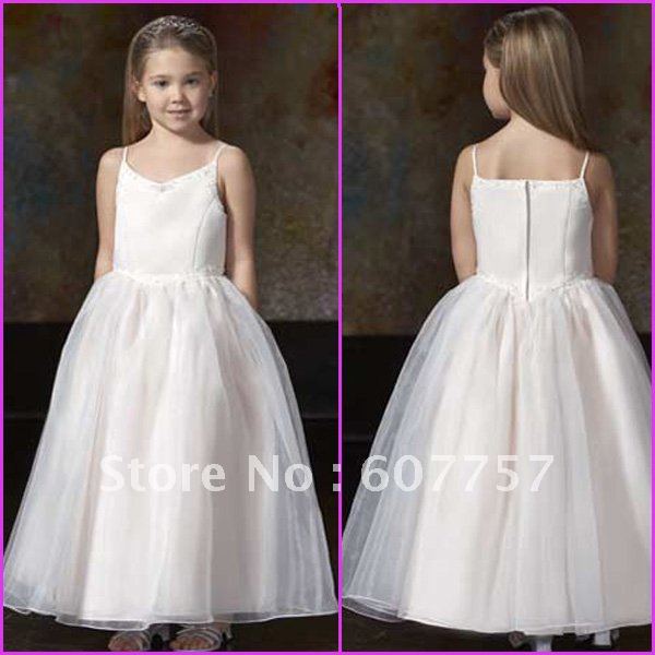 Wholesale Retail Hot Sale Double Straps White Organza  Pleat Beaded The Flower Girl Dress  F024