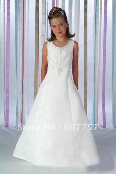 Wholesale Retail Hot Sale Double Straps White Satin Organza Pleat  Applique Beaded The Flower Girl Dress Childreb's Dress F050