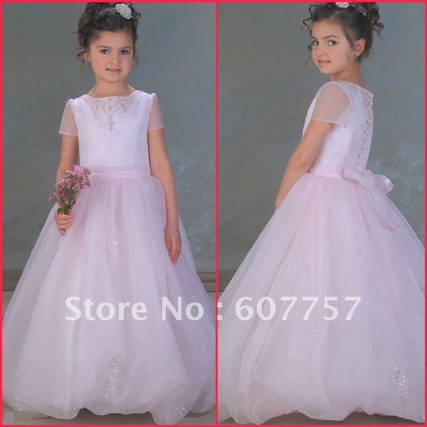Wholesale Retail Hot Sale Short Sleeves Pink Organza Pleat Applique Beaded The Flower Girl Dress  F020