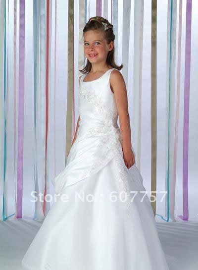 Wholesale Retail Hot Sale Short Sleeves White Taffea Pleat Applique Beaded The Flower Girl Dress Flower Childreb's Dress  F046