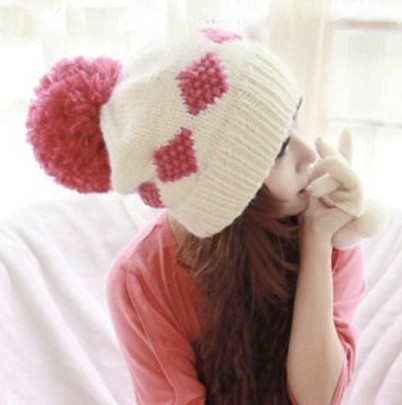 Wholesale retail ladies' fashion Knitted hat Beanie Cap Autumn Spring Winter sweet ear Protected with big fur ball white+red