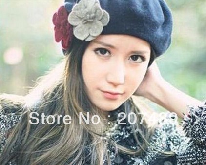 Wholesale retail ladies''s fashion sweet flower soft wool hat Beanies Cap Autumn Spring Winter color dark blue