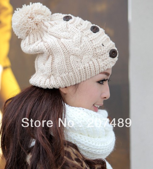 Wholesale retail ladies''s fashion three button Knitted hat Beanie Cap Autumn Spring Winter multi colors option