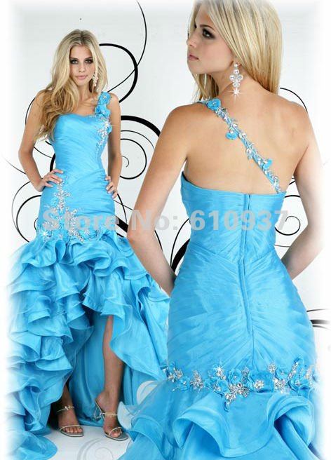 Wholesale!Retail!New Arrival One Shoulder Strap Ruched Mermaid Front Short Long Back Ruffled Blue Prom Gown PM-0141