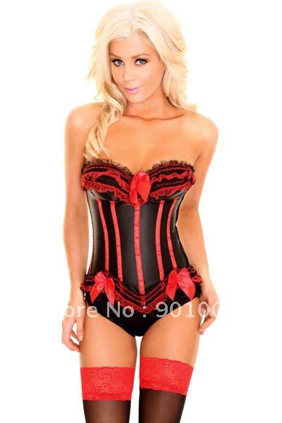 Wholesale&Retail New sexy red&black waspie Garter corset Lace bustier G String 068rb+freeshipping