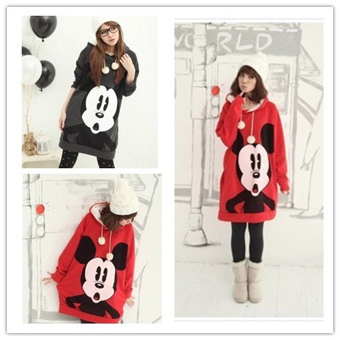 Wholesale & Retail Women's Embellished Long Style Hoodie/Mickey Mouse Hoody/Cotton Coat/Free Shipping