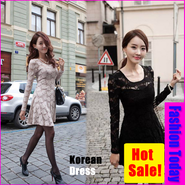Wholesale Sample! Fashion Sweet Black / Beige Lace Up Long Sleeve Thin Spring/Autumn One-piece Korean Dress for Lady Size M L XL