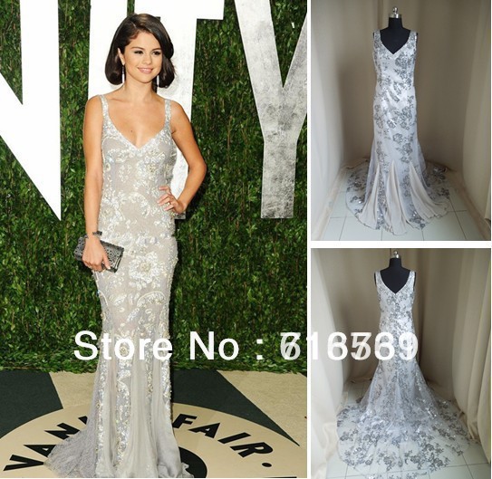 Wholesale - Selena Gomez Vanity Fair Flawless Silver summer Celebrity Evening Dresses with Lace & Mermaid EWL219