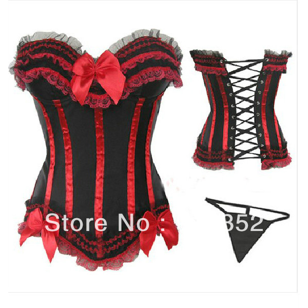 Wholesale Sexy Classical Burlesque Overbust Corset Bustier Lace Moulin Rouge Top GString Freeshipping