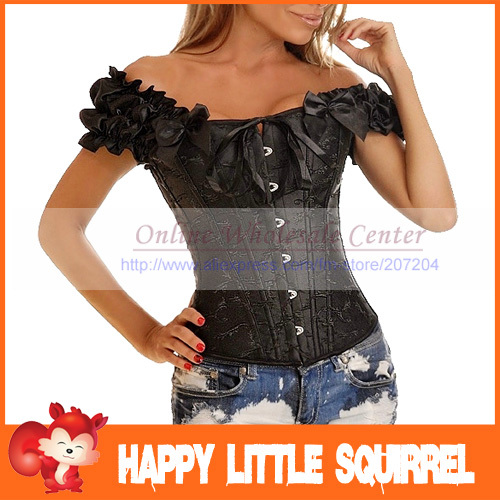 Wholesale Sexy Corset Women Bone Black Lace Flower Bustier Corsets+G string Set Lingeries S M L XL